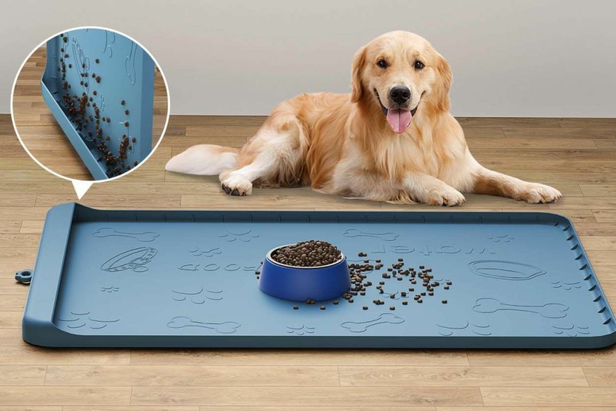 cat food Carry360 | Dog Food Mat - Silicone Dog Mat For Food And Water - 28\" X 20\" Pet Feeding Mats With Residue Collection Pocket - Waterproof Dog Cat Bowl Mat With High Edges To Prevent Water Food Spills (Translucent)