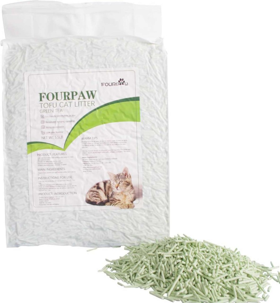 cat litter FOURPAW | Fourpaw Tofu Cat Litter Green Tea, Flushable Clumping Fast Drying Tofu Cat Litter, Natural Unscented Dust Free, Odor Control, Ultra Absorbent, Low Tracking Cat Litter 2Mm Pellets, 5.5 Lbs