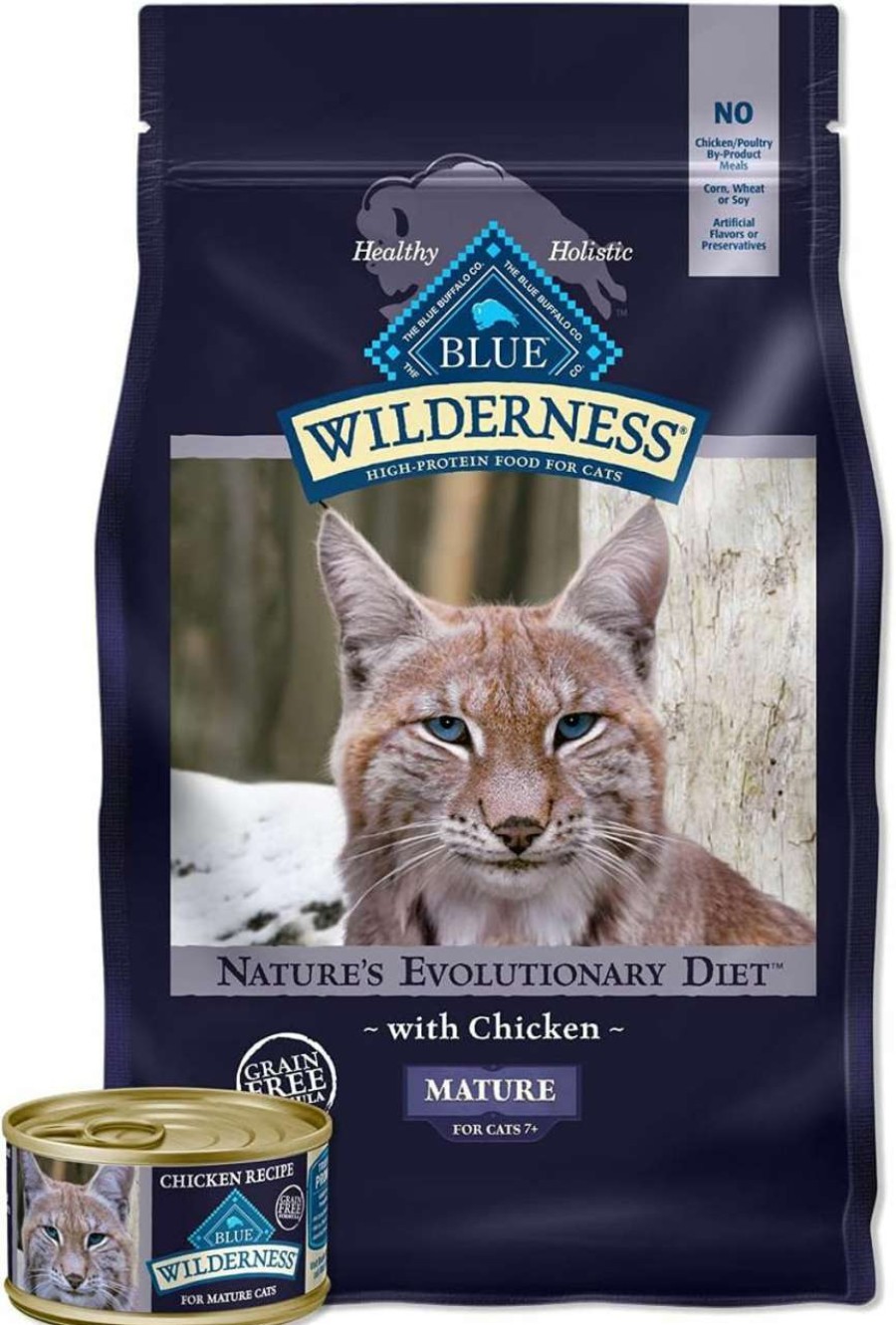 cat food Blue Buffalo | Blue Buffalo Cat Food For Mature Cats, Wilderness Natural Chicken Recipe, Senior Dry Cat Food, 5 Lb Bag