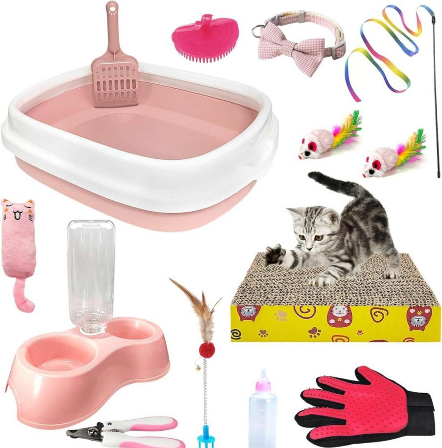 cat litter Hlimior | Hlimior Kitten Starter Kit, 15 Piece Cat Essentials Set Includes Cat Litter Box,Cat Toys, Cat Collars,Cat Scratch Pad, Cat Nail File,Automatic Cat Feed Bowls, Pet Grooming Gloves For Cats Daily Life