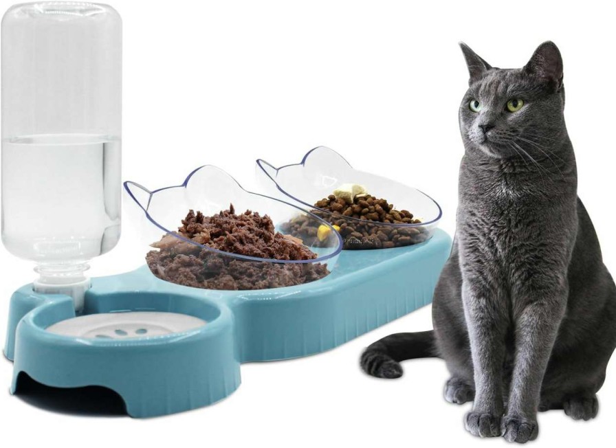 cat food wet Y-ANNJYA | Triple Cat Bowls,15 Tilt 3-In-1 Water Feeder Bowls Cat Double Food Bowls With Automatic Water Bottle Bowl, Whisker Friendly Wet And Dry Cat Elevated Feeding Dishes For Small Cat And Puppy (Lead White)