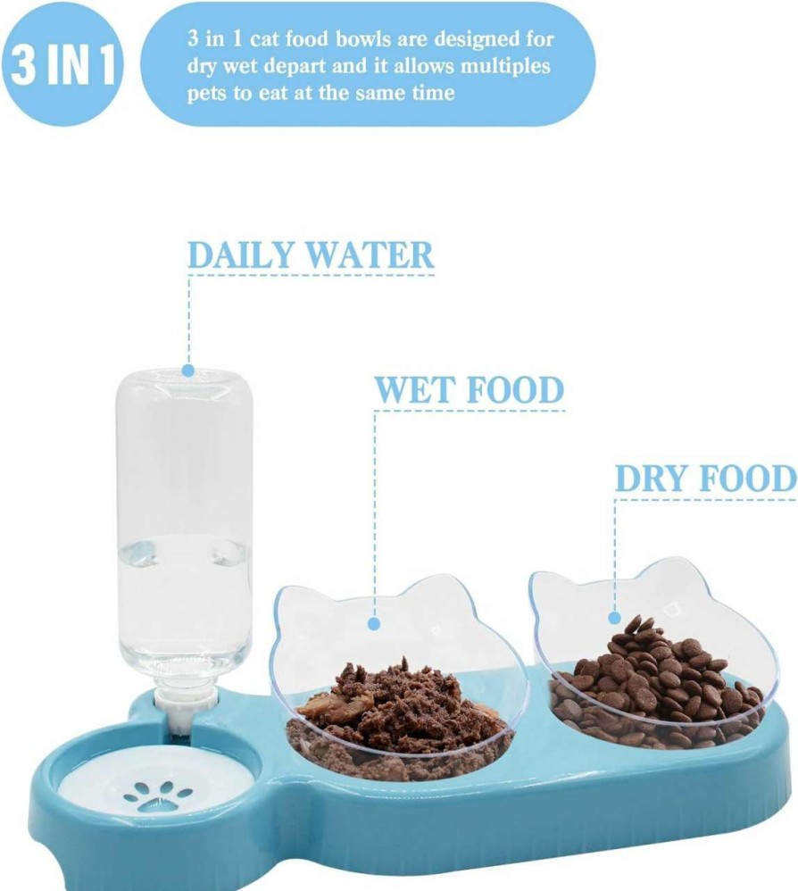 cat food wet Y-ANNJYA | Triple Cat Bowls,15 Tilt 3-In-1 Water Feeder Bowls Cat Double Food Bowls With Automatic Water Bottle Bowl, Whisker Friendly Wet And Dry Cat Elevated Feeding Dishes For Small Cat And Puppy (Lead White)