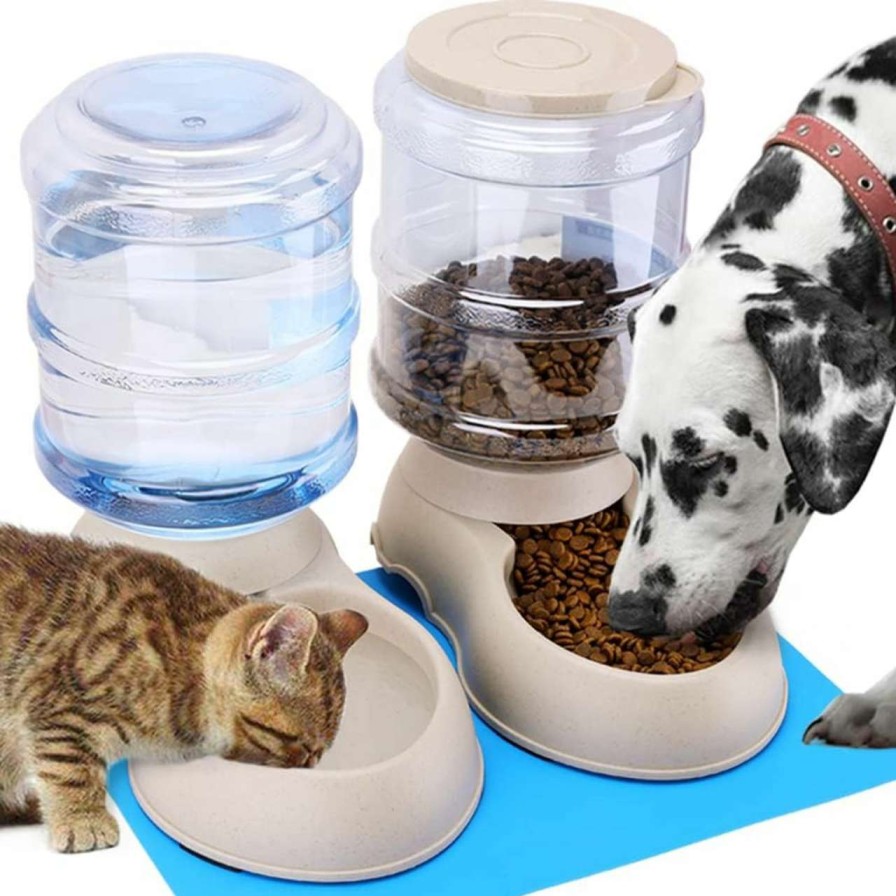 cat food Pawzone | 2 Pack Automatic Cat Feeder And Water Dispenser In Set Gravity Food Feeder And Waterer With Pet Food Mat For Small Medium Dog Pets Puppy Kitten Big Capacity 1 Gallon X 2