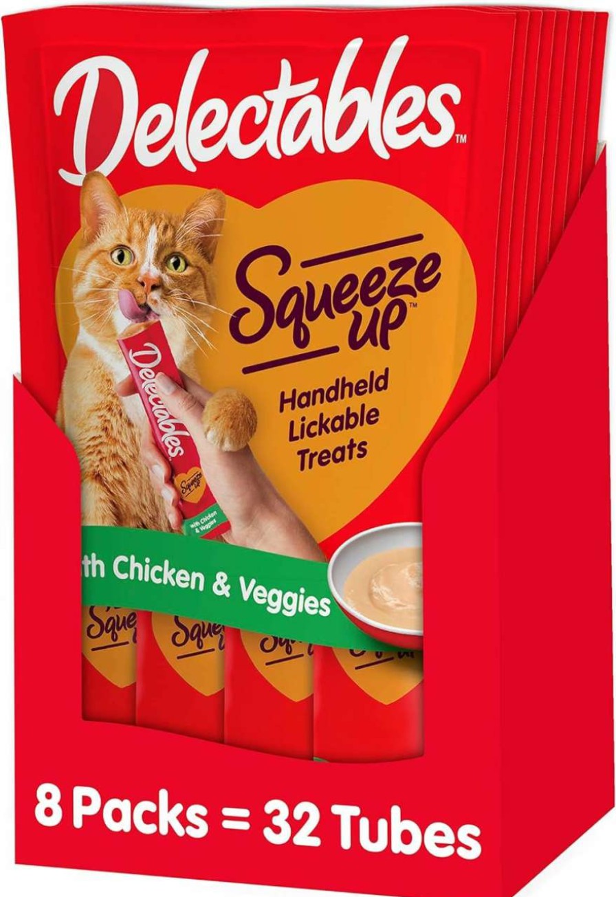 cat food Hartz | Hartz Delectables Squeeze Up Interactive Lickable Wet Cat Treats For Adult & Senior Cats, Chicken & Veggies, 4 Count (Pack Of 8)