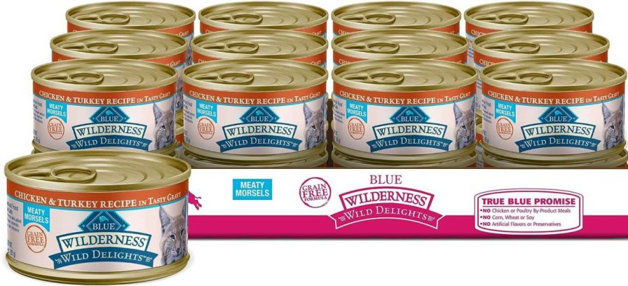 cat food wet Blue Buffalo | Blue Buffalo Wilderness Wild Delights High Protein Grain Free, Natural Adult Meaty Morsels Wet Cat Food, Chicken & Turkey 3-Oz Cans (Pack Of 24)