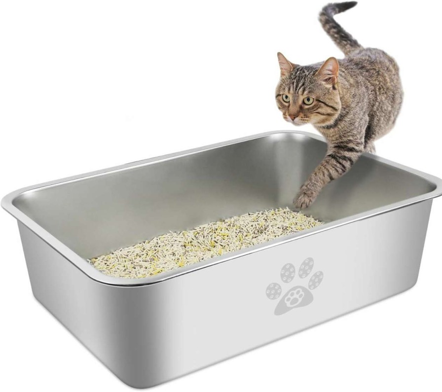 cat litter PWTAA | Pwtaa Stainless Steel Cat Litter Box High Side Cats Toilet Metal Kitten Litter Pan, Pet Cleaning Tool For Big And Small Cats, Rabbits, Splash-Proof And Non-Stick Cat Poop Box Odorless 19.7\"X13.8\"X5.9\"