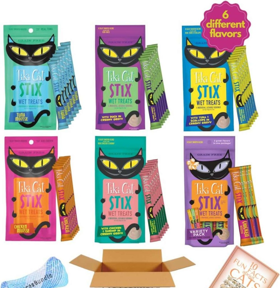 cat food wet LarasBundle | Tiki Cat Stix Wet Mousse Single Serve Lickable Cat Treats | All 6 Flavors | 36 Stix In Total | Plus Spring Toy And Booklet