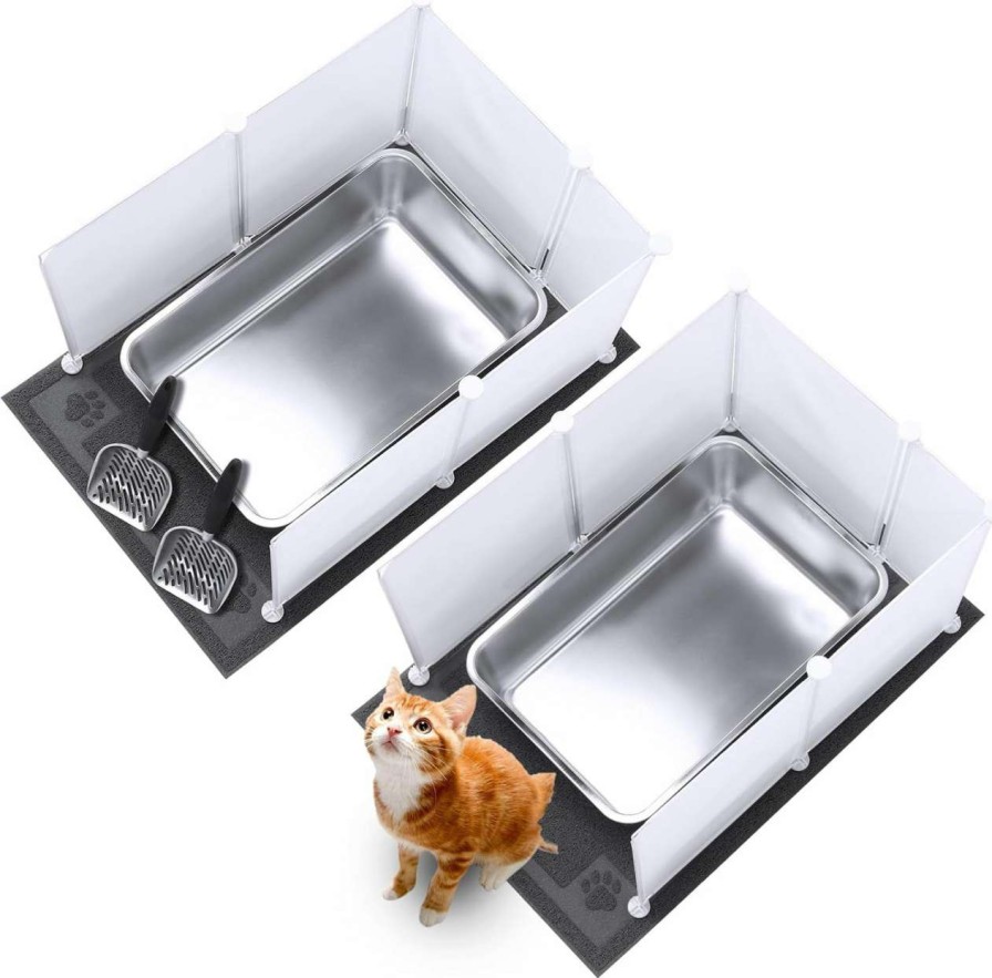 cat litter Pinkunn | Pinkunn 2 Set Stainless Steel Cats Litter Box Large Metal Litter Box With 2 Cat Litter Scoop, 12 Litter Splash And 2 Cat Litter Mat, Never Absorbs Odor (Brown,23.6 X 15.7 X 7.9 Inch)