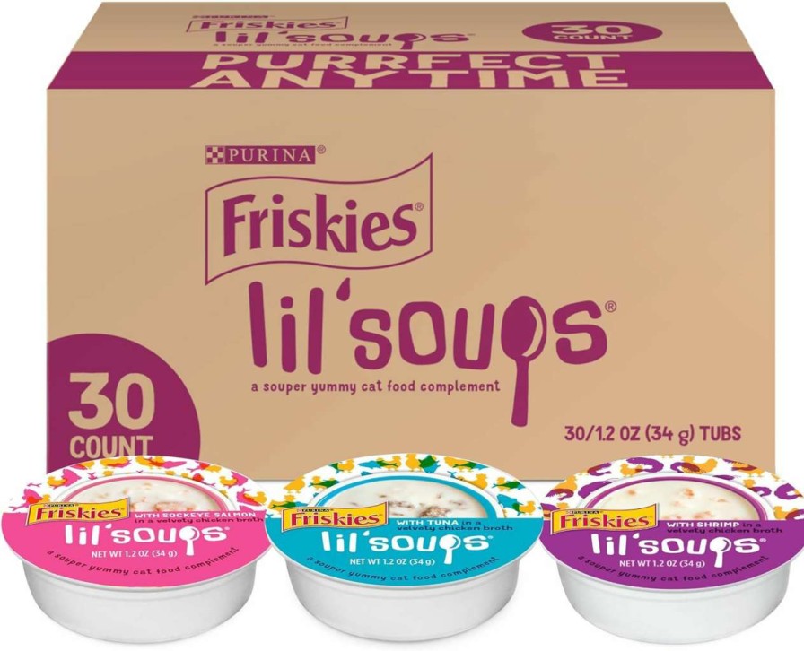 cat food wet Friskies | Purina Friskies Grain Free Wet Cat Food Lickable Cat Treats Variety Pack, Lil' Soups With Salmon, Tuna Or Shrimp - (30) 1.2 Oz. Cups