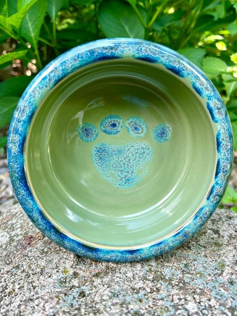 cat food Generic | Green Ceramic Dog Bowl, Cat Food Bowl, Pet Dish, Handmade Ceramic With Paw Print, Green And Turquoise