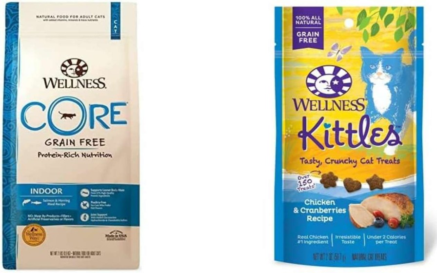 cat food Wellness | Wellness Core Grain Free Dry Cat Food, Original Recipe, Turkey, 5 Pound Bag Bundle Kittles Natural Grain Free Cat Treats (Chicken, 2 Oz)