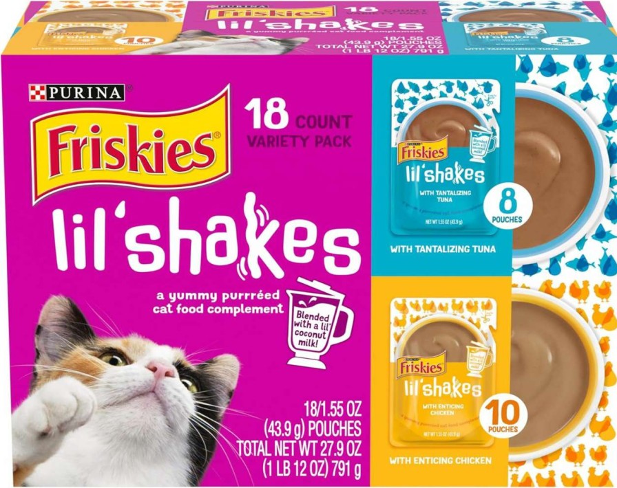 cat food wet Friskies | Purina Friskies Pureed Cat Food Topper Variety Pack, Lil' Shakes With Chicken And With Tuna Varieties Lickable Cat Treats - (18) 1.55 Oz. Pouches