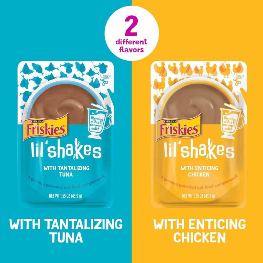 cat food wet Friskies | Purina Friskies Pureed Cat Food Topper Variety Pack, Lil' Shakes With Chicken And With Tuna Varieties Lickable Cat Treats - (18) 1.55 Oz. Pouches