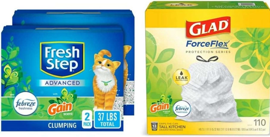 cat litter Fresh Step | Fresh Step Advanced Clumping Cat Litter With Gain, 37 Lbs Total, Extra Large (2 Pack Of 18.5Lb Boxes) + Glad Forceflex Protection Series Tall Trash Bags With Febreze, 13 Gal, 110 Ct