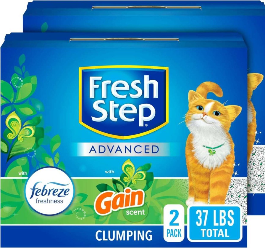 cat litter Fresh Step | Fresh Step Advanced Clumping Cat Litter With Gain, 37 Lbs Total, Extra Large (2 Pack Of 18.5Lb Boxes) + Glad Forceflex Protection Series Tall Trash Bags With Febreze, 13 Gal, 110 Ct