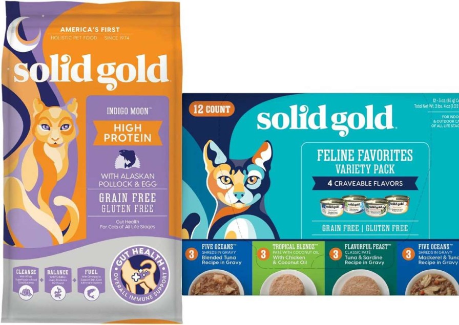 cat food Solid Gold | Solid Gold Indigo Moon - Dry Cat Food With Digestive Probiotics For Cats - With Vitamins & High Protein With Real Pollock - 3Lb - Wet Cat Food Pate & Shreds In Gravy Recipes - 12 Pack