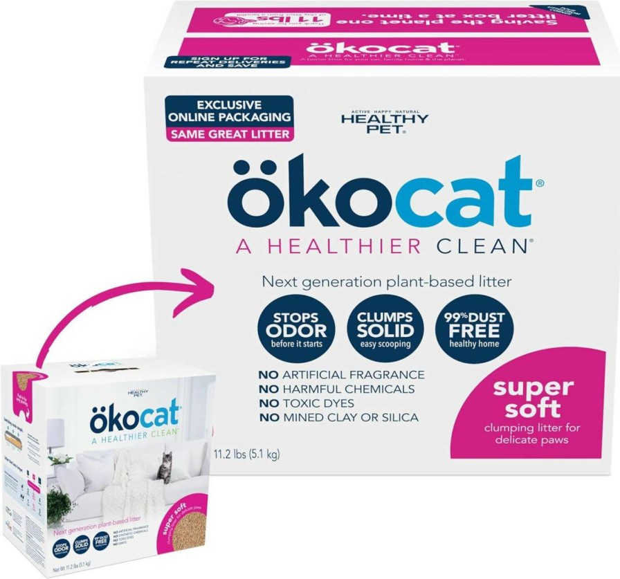 cat litter OKOCAT | Okocat Less Mess Natural Wood Clumping Cat Litter Mini-Pellets, Great For Long-Hair Breeds, 18.6 Lbs, Large