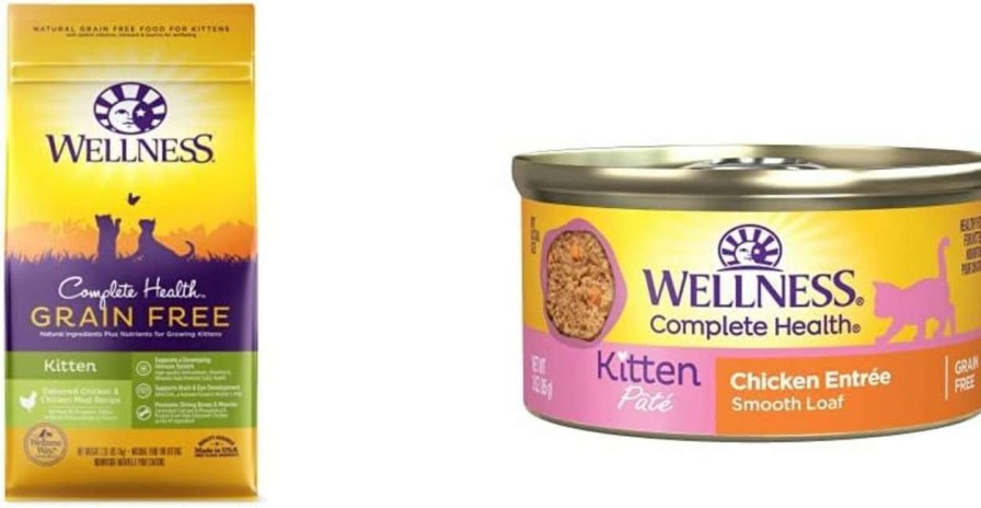 cat food Wellness | Wellness Complete Health Kitten Dry + Wet Food Bundle: Grain Free Deboned Chicken & Chicken Meal Dry Kitten Food, 2.25 Pound Bag + Kitten Wet Cat Food, Chicken Pate, 3 Ounces (Pack Of 24)