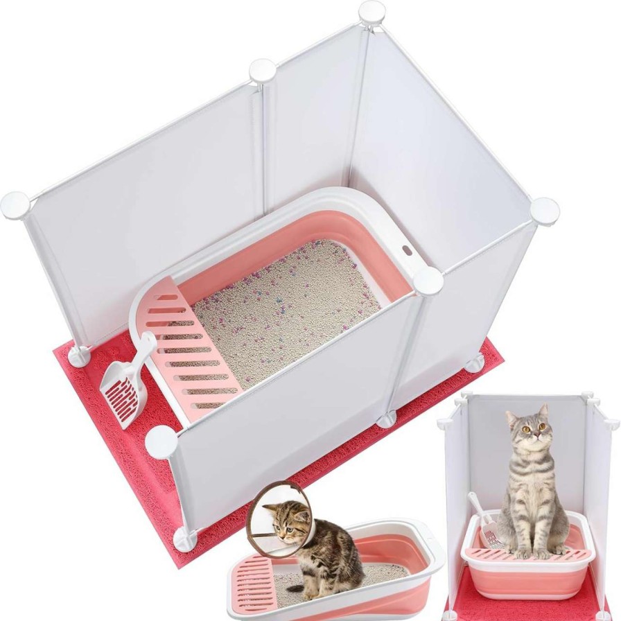 cat litter Paterr | Paterr Collapsible Cat Litter Box With Cat Litter Box Enclosure Splash Guard Cat Litter Mat And Scoop, Low Entry Senior Cat Litter Box Kit Easy Clean For Arthritic Old Feeble Cat Kitten (Gray, Large)