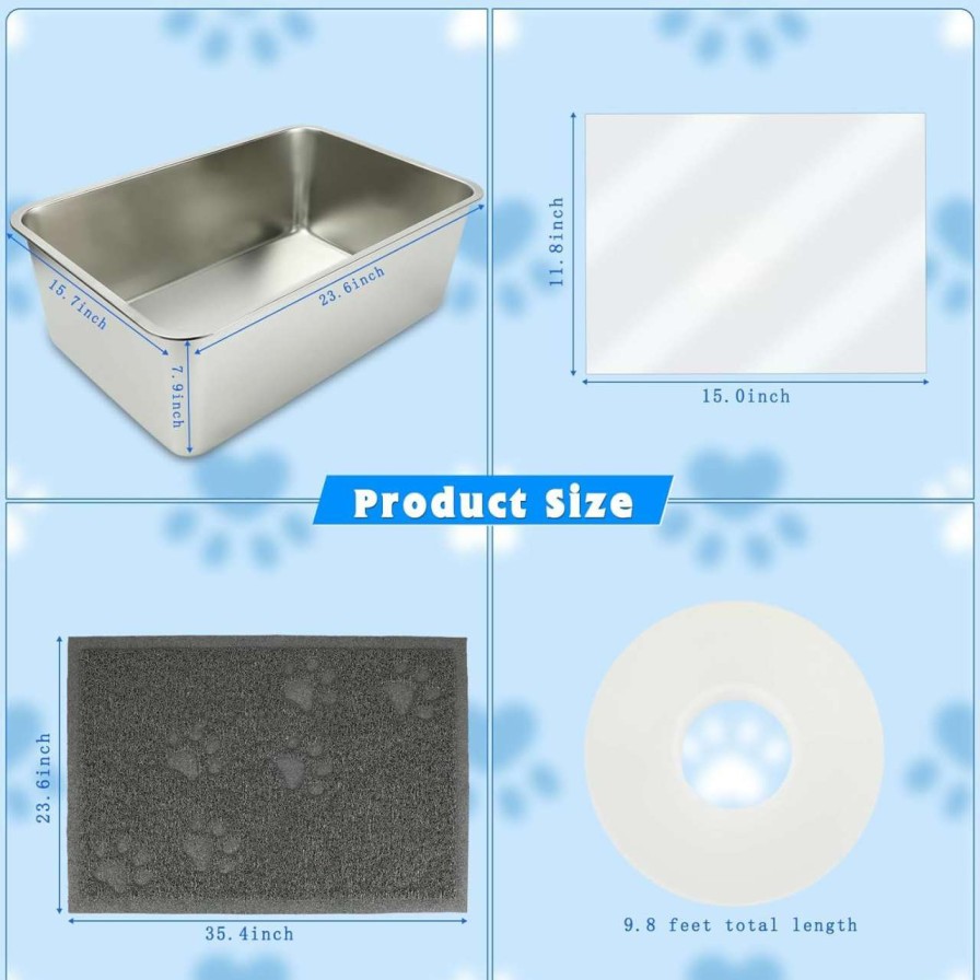 cat litter YUEPET | Yuepet 2 Sets Stainless Steel Cat Litter Box With High Sides, Durable Metal Cat Litter Basin Pan Easy To Clean Cat Litter Tray For Odor Control With Cat Litter Scoops Cat Litter Mats 17.5\"X13.6\"X6\"