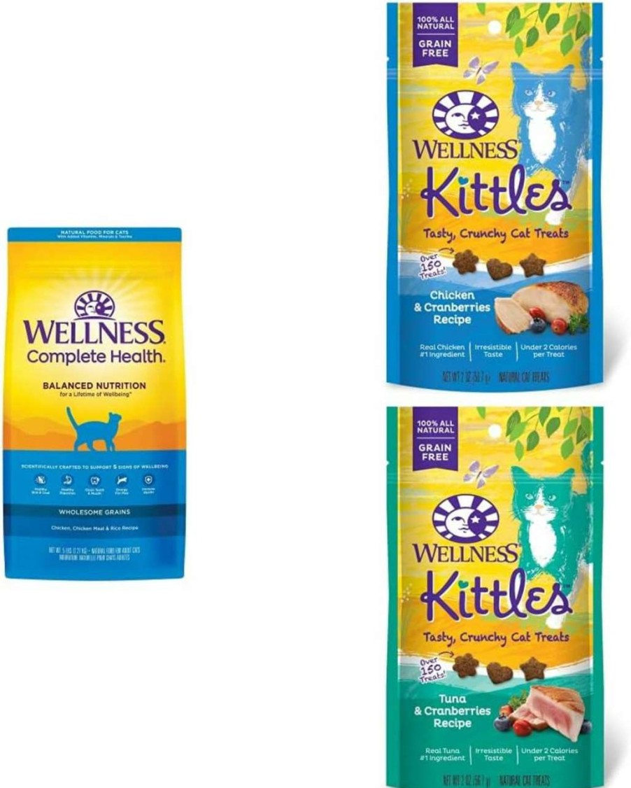 cat food Wellness | Wellness Complete Health Natural Dry Cat Food, Chicken & Chicken Meal Recipe, 5 Pound Bag Bundle + 2 Pack Of Wellness Kittles Natural Grain Free Cat Treats (Chicken & Tuna)