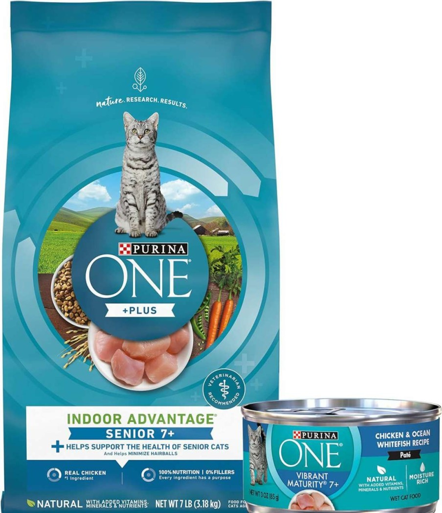 cat food Purina ONE | Purina One Senior Dry Cat Food & Wet Cat Food, Indoor Advantage Senior 7+ & Plus Indoor Senior 7+ Bundle Pack