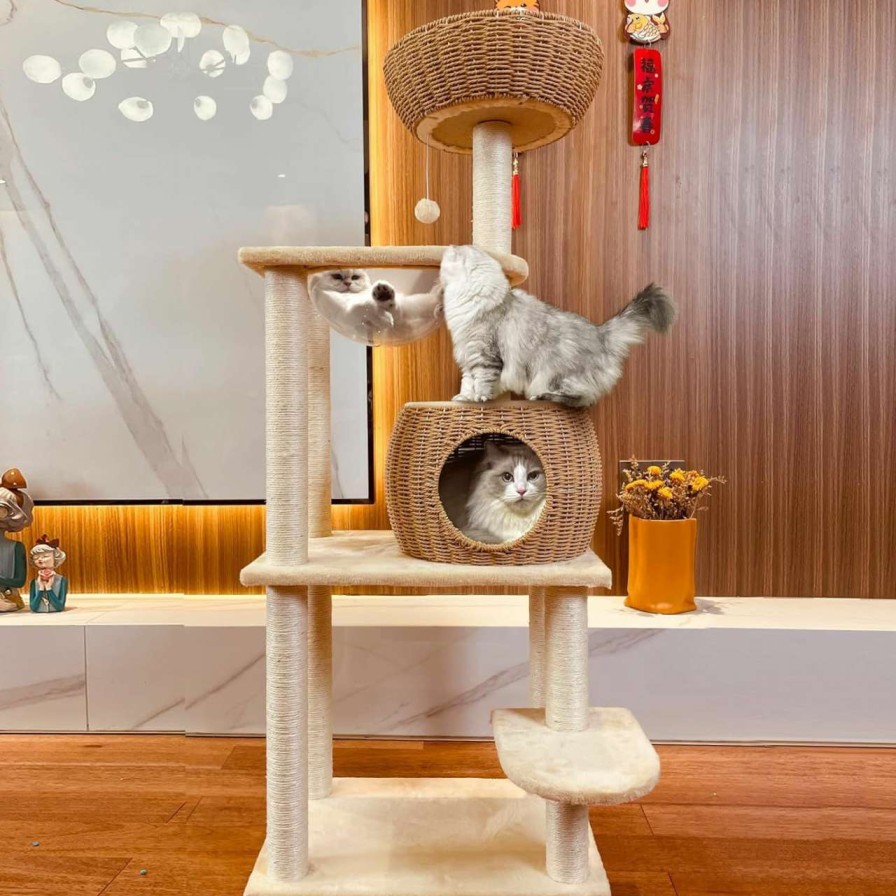 cat litter POOTUIPAT | Cat Tree For Indoor Cats Large Adult,Modern Cat Tree,3 Hand Knit Cat Litter With Space Capsule Tall Cat Tree,Sturdy. Beautiful Wood Cat Tree.57.5 Inches High