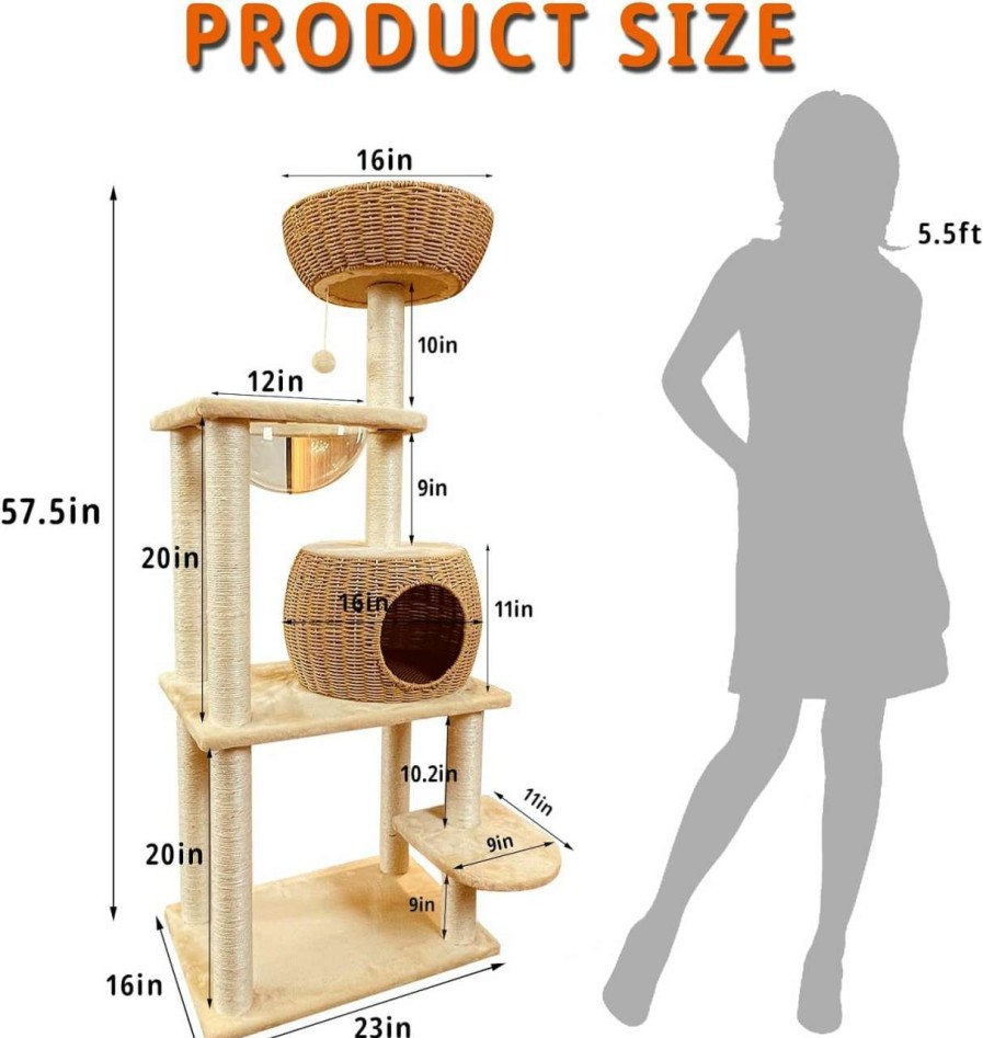 cat litter POOTUIPAT | Cat Tree For Indoor Cats Large Adult,Modern Cat Tree,3 Hand Knit Cat Litter With Space Capsule Tall Cat Tree,Sturdy. Beautiful Wood Cat Tree.57.5 Inches High