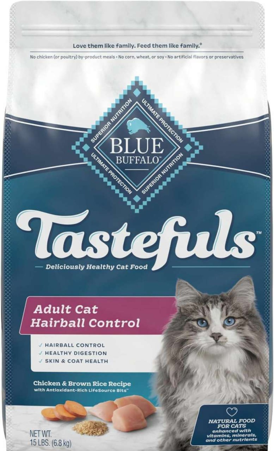 cat food Blue Buffalo | Blue Buffalo Tastefuls Hairball Control Natural Adult Dry Cat Food, Chicken, 7Lb Bag