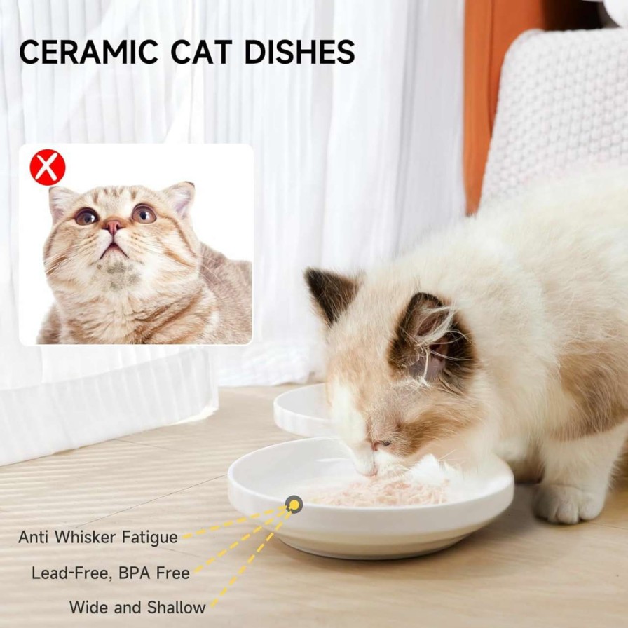 cat food wet YAUYIK | Yauyik Wide Shallow Cat Dish For Wet Food, Whisker Friendly Cat Food Plates Set Of 3, Ceramic Pet Flat Feeding Dishes Bowls With Mats, 6 Inch, White, Cute Fish Bone