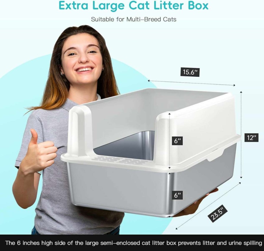 cat litter Pematar | Pematar Stainless Steel Cat Litter Box, Xl Cat Litter Box For Big Cats, Extra Large Cat Litter Box With Lid, Non-Leaking, Easy To Clean, Enclosed Metal Cat Litter Pan For Multiple Cats