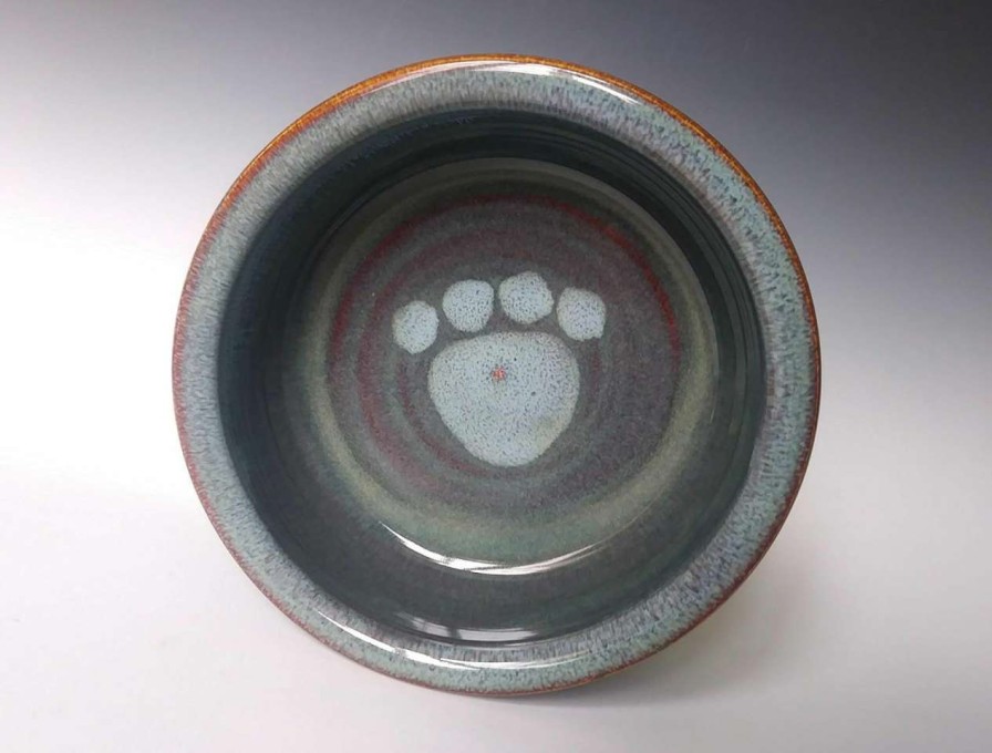 cat food Generic | Large Pet Dish, Dog Cat Food Water Bowl, Stone Color With Light Blue Swirl, Handmade Stoneware Ceramic