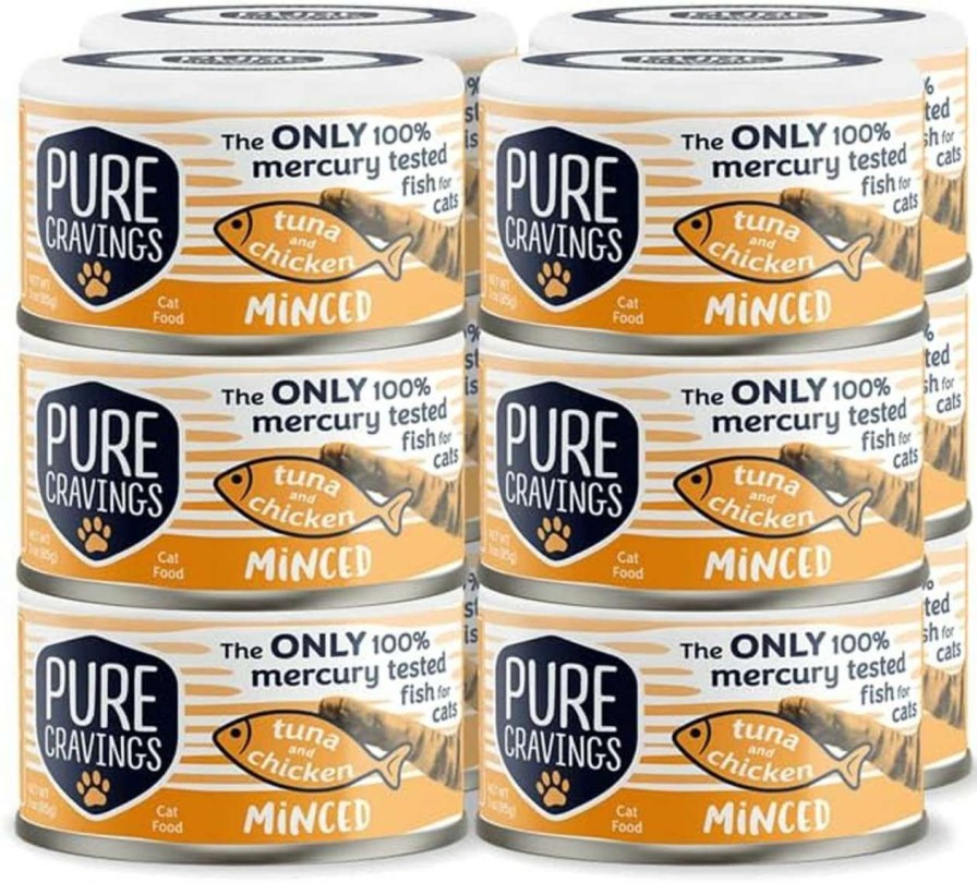 cat food wet Safe Catch | Pure Cravings Minced Tuna And Salmon Wet Canned Cat Food, 100% Mercury-Tested, Moist Can Fish For Cats, Grain-Free, Protein, Non-Gmo, 3Oz, Pack Of 12