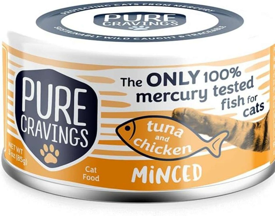 cat food wet Safe Catch | Pure Cravings Minced Tuna And Salmon Wet Canned Cat Food, 100% Mercury-Tested, Moist Can Fish For Cats, Grain-Free, Protein, Non-Gmo, 3Oz, Pack Of 12