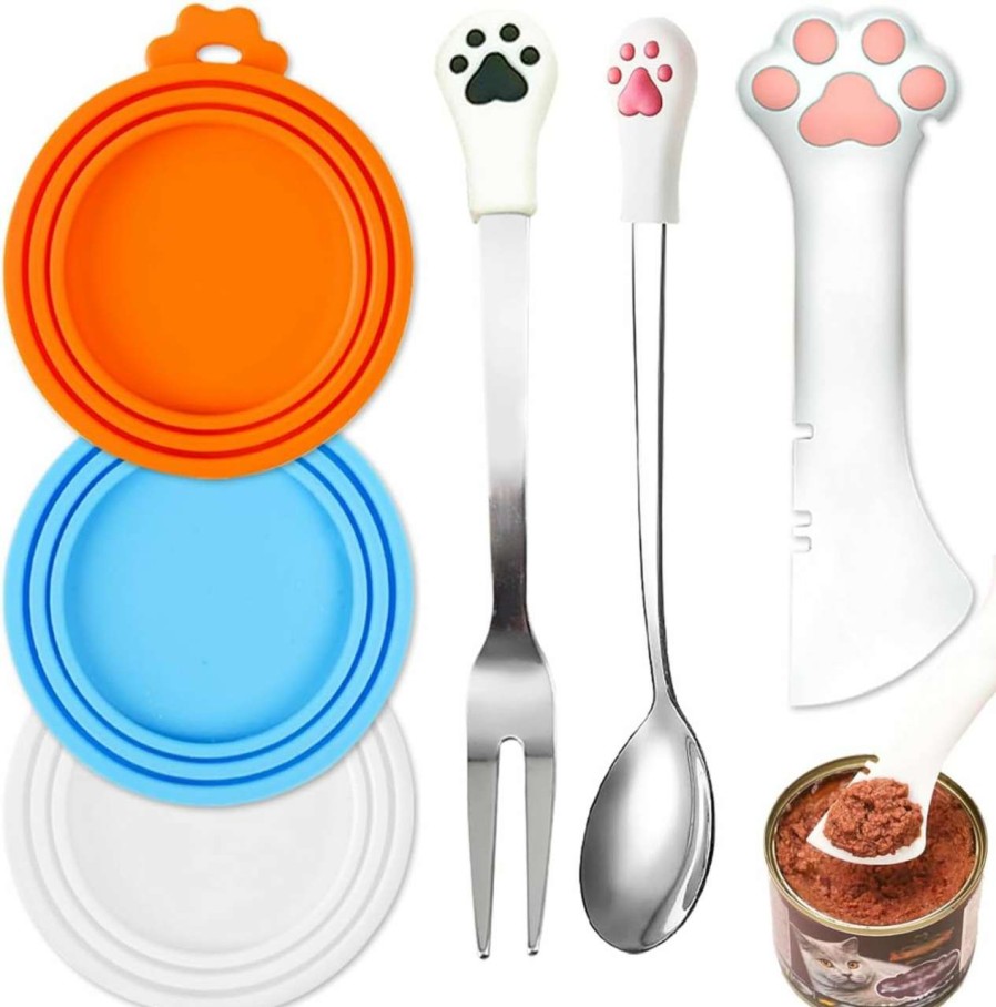 cat food Ainvhh | Ainvhh Pet Food Can Cover Lid And Spoon Sets Silicone Can Topper And Multifuctional Mini Spatula Pet Can Opener Stainless Steel And Silicone Food Canned Scoop Cute Cat Claw Spoon And Dishwasher Safe