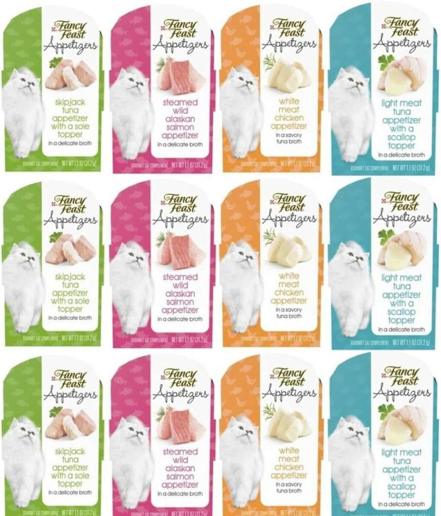 cat food Generic | Fancy Feast Appetizers For Cats, Gourmet Wet Cat Food Complement, Variety Sampler Bundle Of 4 Flavor Treats(12 Trays Total) 3 Skipjack Tuna, 3 Salmon, 3 Light Meat Tuna, 3 Chicken