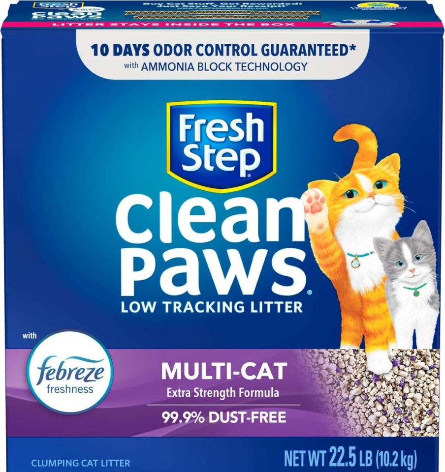 cat litter Fresh Step | Fresh Step Clean Paws Multi-Cat Scented Litter With The Power Of Febreze, Clumping Cat Litter, 22.5 Pounds (Package May Vary)