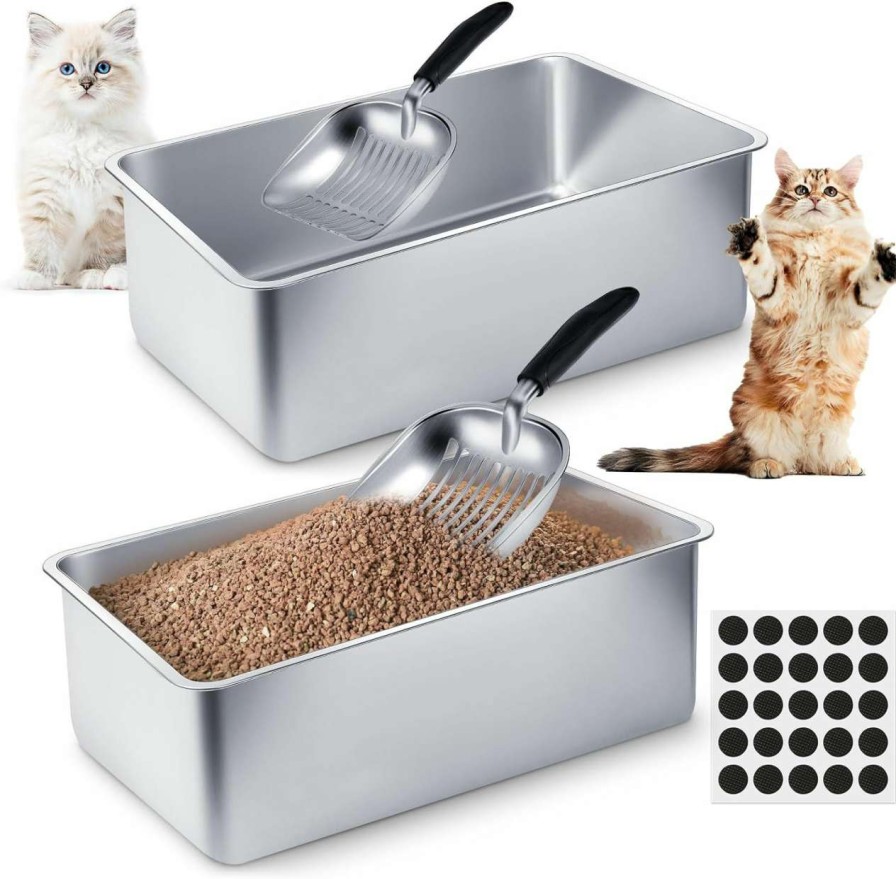 cat litter Tessco | 2 Set Stainless Steel Litter Box For Cat With 2 Pcs Cat Litter Scoops 15 Pcs Non Slip Rubber Feet Non Stick Smooth Bunny Litter Box High Sided Litter Box Litter Scooper With Holder (24 X 16 X 8 In)