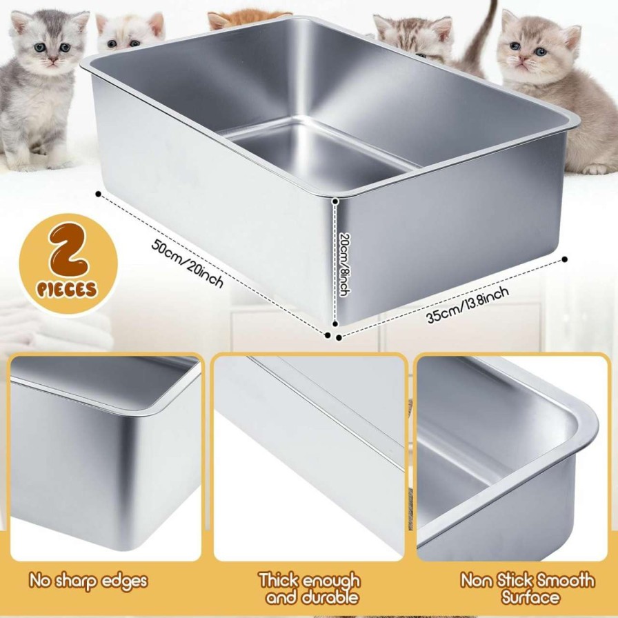 cat litter Tessco | 2 Set Stainless Steel Litter Box For Cat With 2 Pcs Cat Litter Scoops 15 Pcs Non Slip Rubber Feet Non Stick Smooth Bunny Litter Box High Sided Litter Box Litter Scooper With Holder (24 X 16 X 8 In)