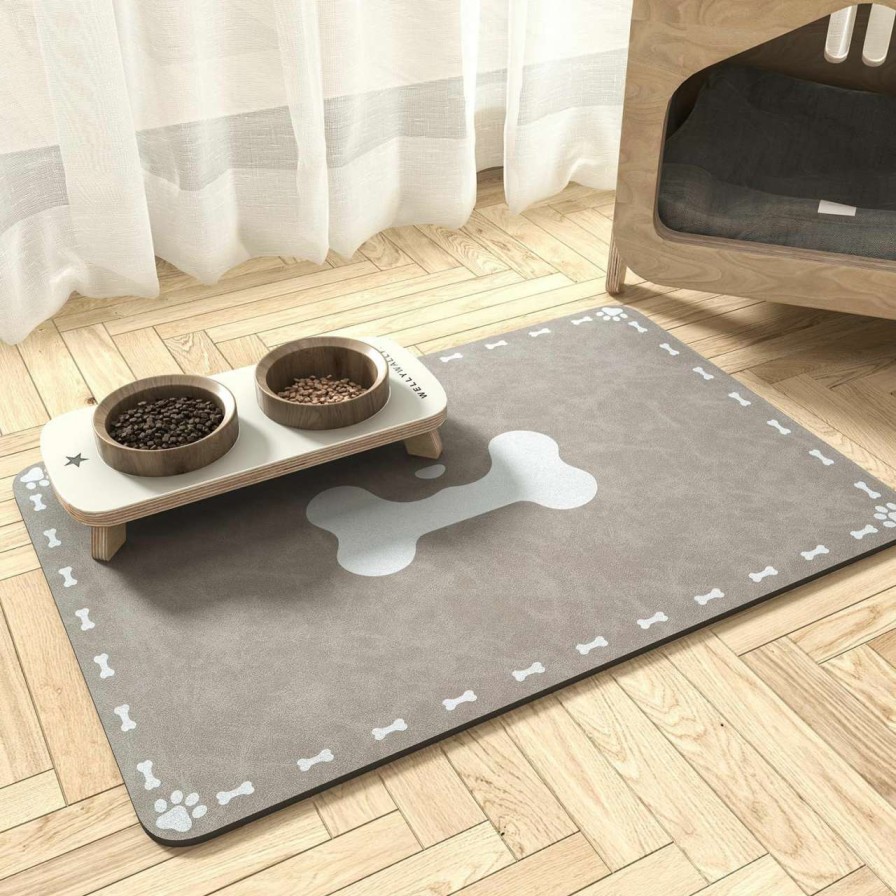 cat food dry MontVoo | Montvoo-Dog Food Mat-Absorbent Dog Bowl Mat-Quick Dry Dog Mat For Food And Water-Pet Food Mat-Dog Placemat-Dog Water Mat For Sloppy Drinkers 12\"X19\" Bone Dark Grey