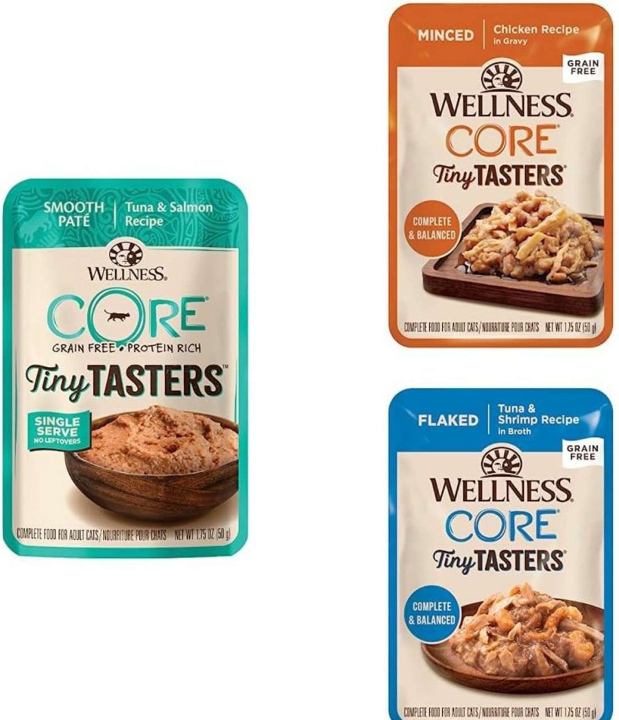 cat food Wellness | Wellness Core Tiny Tasters Wet Cat Food Variety Bundle, 36 Count: Tuna & Salmon Pate + Minced Chicken In Gravy + Flaked Tuna & Shrimp