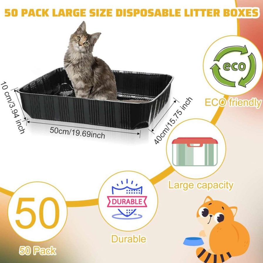 cat litter Zubebe | Zubebe 50 Pack Disposable Cat Litter Box For Cats, Large Disposable Kitty Litter Tray Box 19.69 X 15.75 X 3.94 Inches Plastic Litter Box Pan For Large Indoor Cat Home Travel Portable (Black)