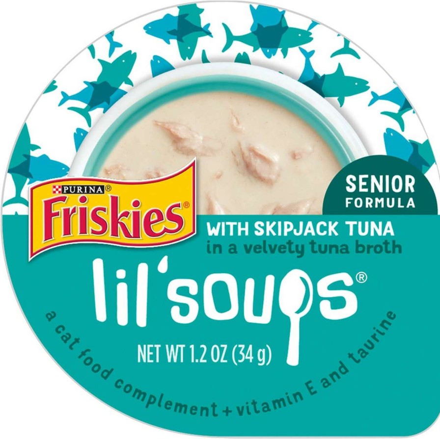 cat food wet Friskies | Purina Friskies Natural, Grain Free Senior Broth Wet Cat Food Lickable Cat Treats, Lil' Soups Skipjack Tuna - (8) 1.2 Oz. Tubs