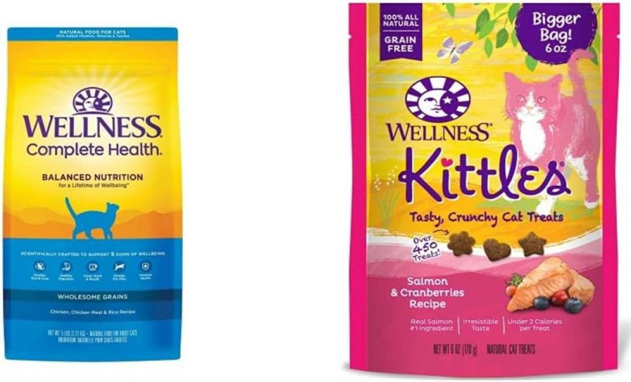 cat food Wellness | Wellness Complete Health Natural Dry Cat Food, Chicken & Chicken Meal Recipe, 5 Pound Bag Bundle Kittles Natural Grain Free Cat Treats (Chicken, 2 Oz)