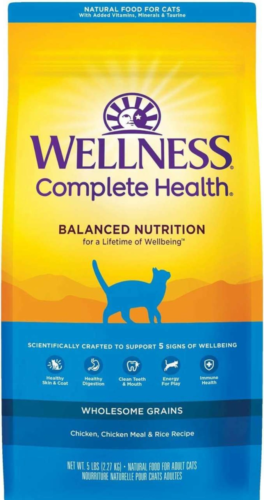 cat food Wellness | Wellness Complete Health Natural Dry Cat Food, Chicken & Chicken Meal Recipe, 5 Pound Bag Bundle Kittles Natural Grain Free Cat Treats (Chicken, 2 Oz)