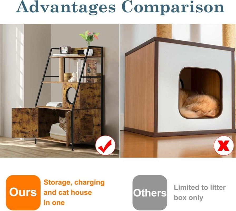 cat litter melos | Melos Cat Litter Box Enclosure With 2 Storage Shelves, Hidden Litter Box, Cat Litter Box Enclosure Furniture With Charging Station, Cat Washroom With Cat Tree Tower, End Table For Living Room Brown