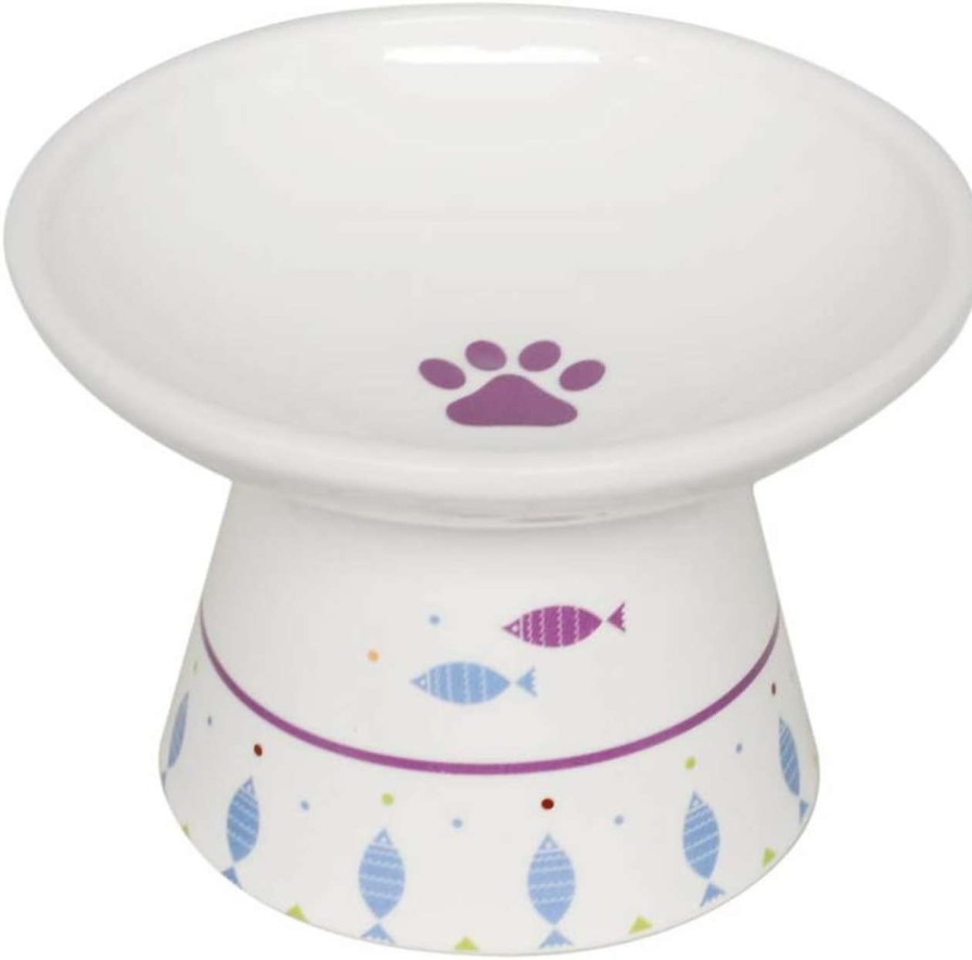 cat food T | Tstore Wide Raised Cat Food Bowl. Stress Free, Backflow Prevention. Made To Ec European Standard. (Blue Fish)