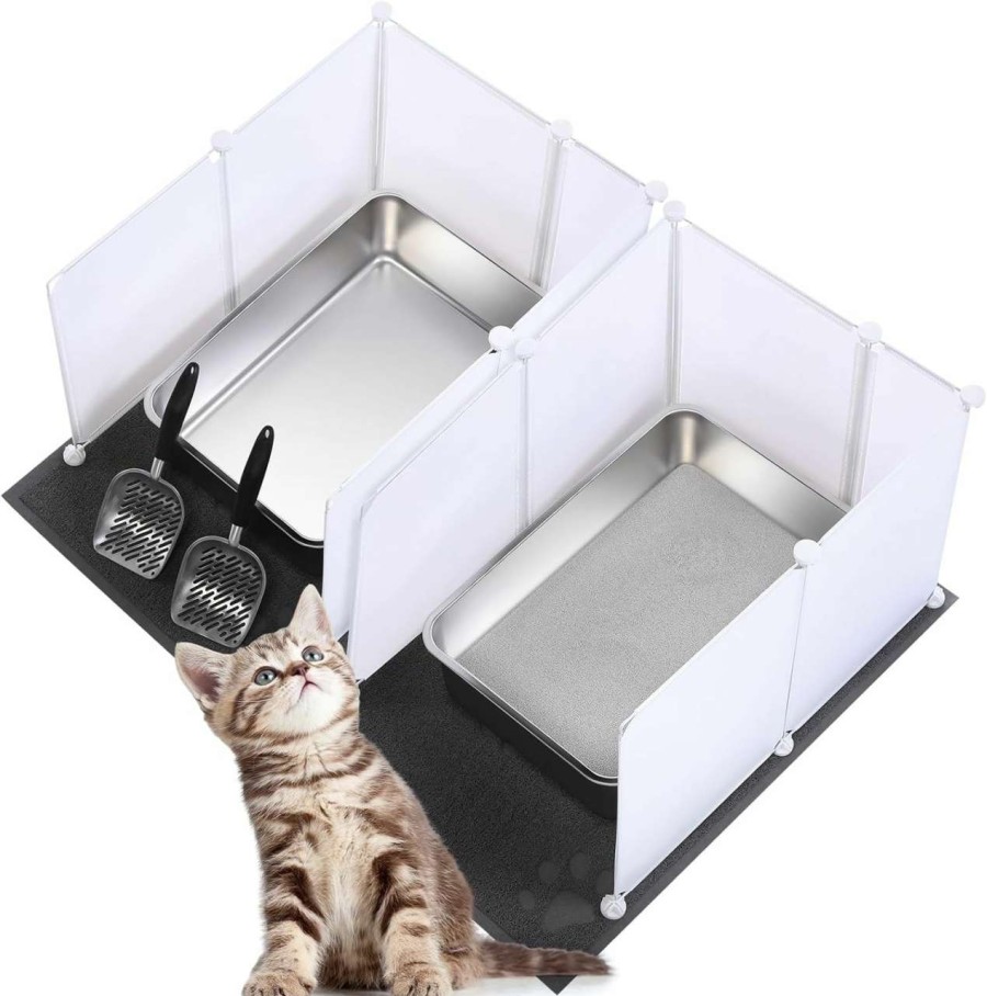 cat litter Mifoci | Mifoci 2 Set Stainless Steel Cats Litter Box Extra Large Metal Litter Box With 2 Cat Litter Scoop, 12 Litter Splash Guard And 2 Cat Litter Mat, Never Absorbs Odor, Easy Clean (23.6 X 15.7 X 5.9 Inch)