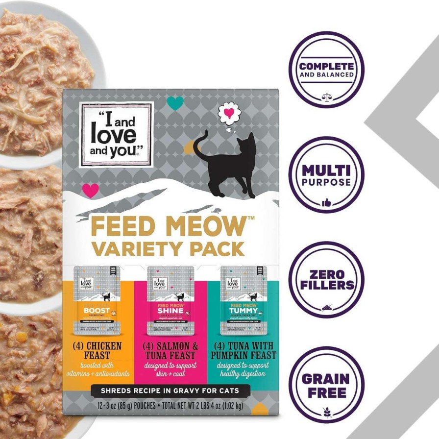 cat food dry I AND LOVE AND YOU | "I And Love And You" Feed Meow Wet Cat Food Toppers, Variety Pack (Tummy, Boost, And Shine), Grain Free, No Fillers, 3Oz Pouches, Pack Of 12 Pouches