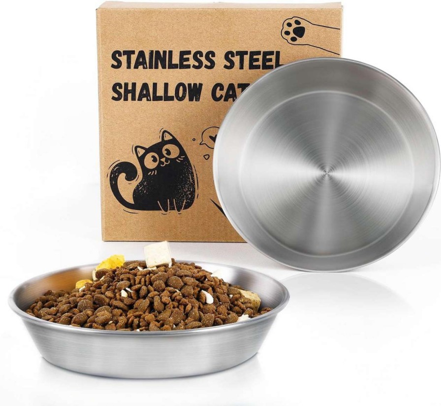 cat food dry Petdream | 6.7'' Wide Whisker Friendly Cat Dishes Set, Sus 304 Stainless Steel Cats Bowls, 2 Pcs Shallow Metal Water Bowl With Non Slip Pads, Indoor Kitten Feeding Wet & Dry Food Dish To Prevent Whisker Fatigue